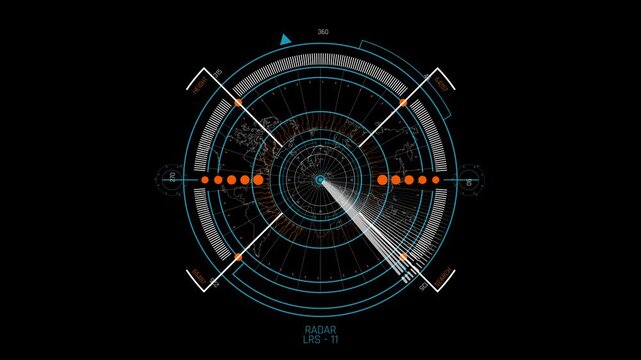 Futuristic Sci Fi HUD Circular Long Range Radar Scanner with World Map for Satellite Surveillance and Global Target Tracking