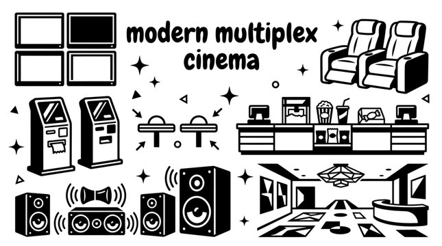 modern multiplex cinema facilities featuring digital screens luxury seating ticket kiosks concession stands snack counters surround sound systems and spacious lobby interiors set for entertainment
