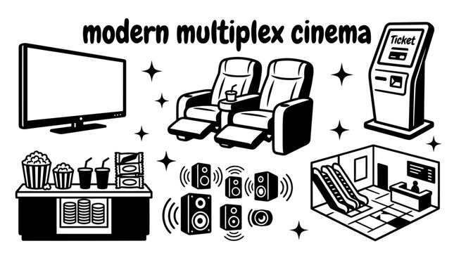 modern multiplex cinema facilities featuring digital screens luxury seating ticket kiosks concession stands snack counters surround sound systems and spacious lobby interiors set for entertainment