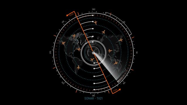Futuristic Sci Fi HUD Air Traffic Control Flight Radar Scanner for Airplane Tracking and Global Aviation Navigation