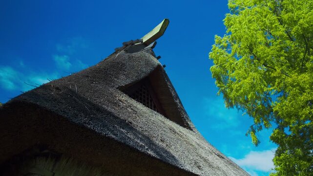 青空と新緑に映える茅葺き屋根の頂部と美しい棟飾り 4Kシネマティック映像素材