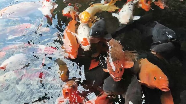 Footage of a school of big koi swimming together in a clear pond