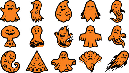 Fototapeta premium Spooky halloween ghosts and pumpkin faces orange vector illustrations for festive decorations