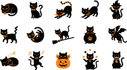 Obraz premium Spooky halloween black cats collection vector icons for festive designs halloween decorations