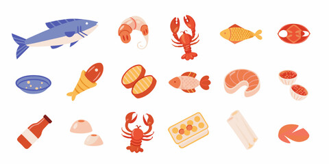 Seafood Illustration Collection With Fish Shrimp Lobster And Caviar © Asish