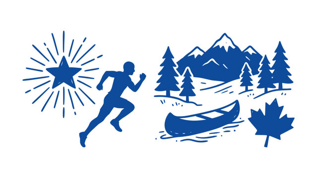 Blue hand drawn vector illustration set of outdoor adventure icons featuring running man, shining star, mountains, canoe, and maple leaf