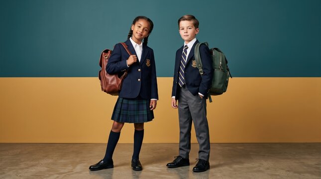 Back to school of confident elementary students in smart uniforms with backpacks, standing against a vibrant two-toned background.