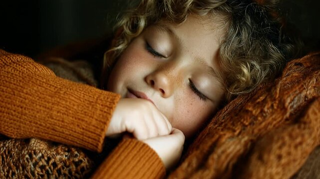 Serene young child with freckles and curly hair sleeping soundly while bundled in warm knits