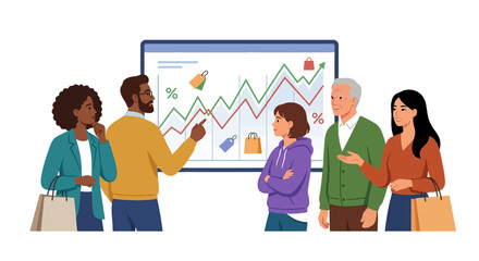 Fototapeta premium Diverse multicultural group analyzing market price trends on digital display flat design vector illustration.