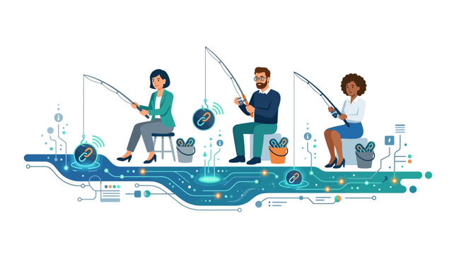 Diverse business team fishing for digital backlink icons in circuit stream flat vector illustration.