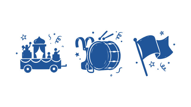 Blue doodle vector icons of a parade float marching band drum and waving flag for festival and celebration designs
