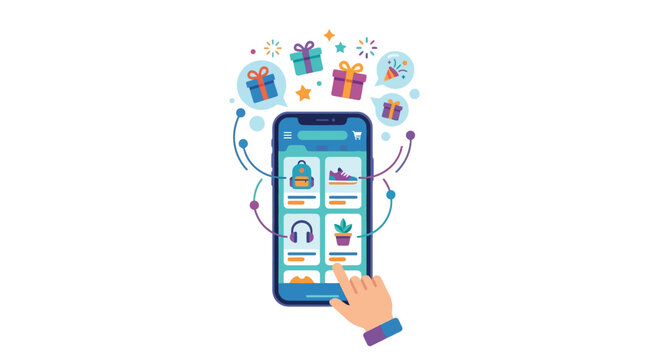 Mobile shopping app interface with personalized gift recommendations and user interaction flat design vector illustration.