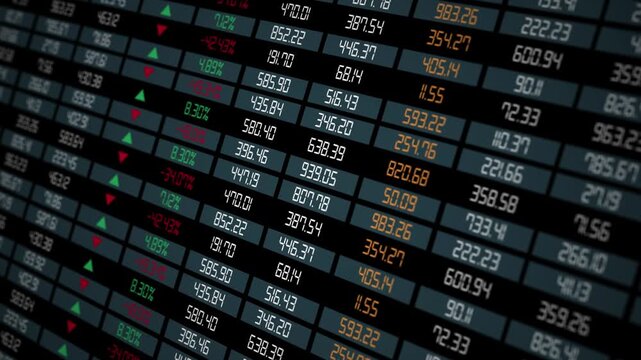 Finance fund stocks price increase and decrease charts arrow up and down, ticker display. table grid Stock exchange screen number with financial trade index rates
