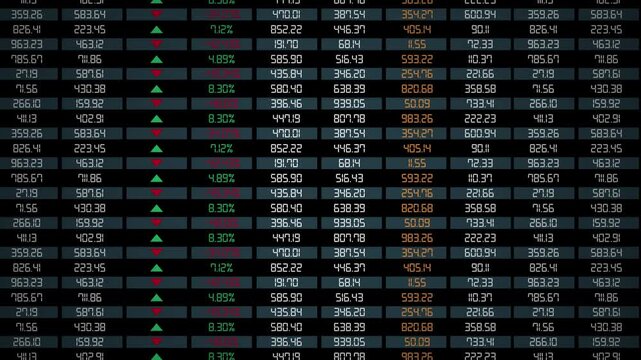 Ticker display. table grid Stock exchange screen number with financial trade index rates, finance fund stocks price increase and decrease charts arrow up and down