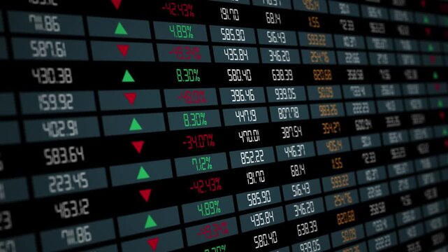 Ticker display. table grid Stock exchange screen number with financial trade index rates, finance fund stocks price increase and decrease charts arrow up and down
