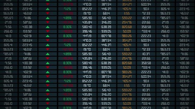 Ticker display. table grid Stock exchange screen number with financial trade index rates, finance fund stocks price increase and decrease charts arrow up and down
