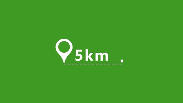 Dynamic gps location pin animation with 5km radius marker on vibrant green map background, gps pin animation