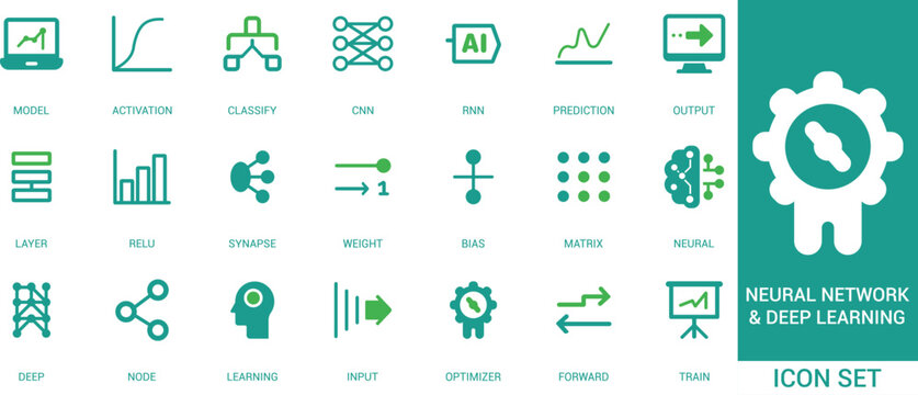 Neural network and deep learning solid icon set featuring model, activation, CNN, RNN, prediction, layers, nodes, optimizer, and training for AI technology use.