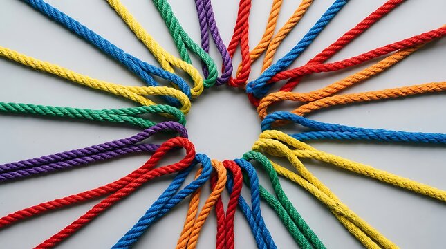 Colorful ropes arranged in a circle on a light gray background