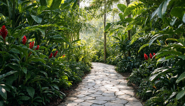 Stone pathway winding through a lush tropical jungle garden with red exotic flowers and dense greenery tropical greenery landscape botanical peaceful outdoors relaxing shrubbery