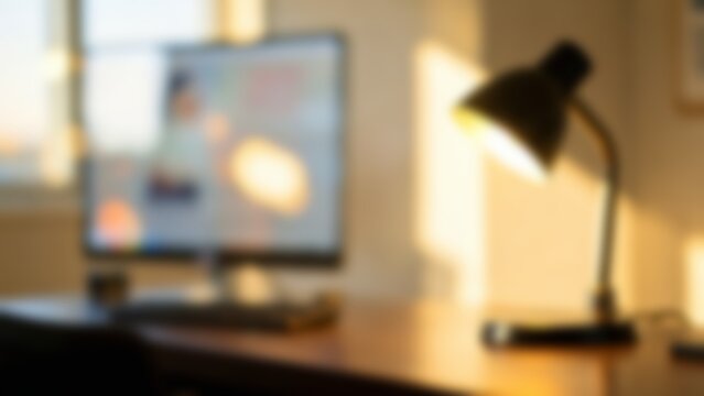 Blurred Cozy Home Office Desk Background For Remote Work Website