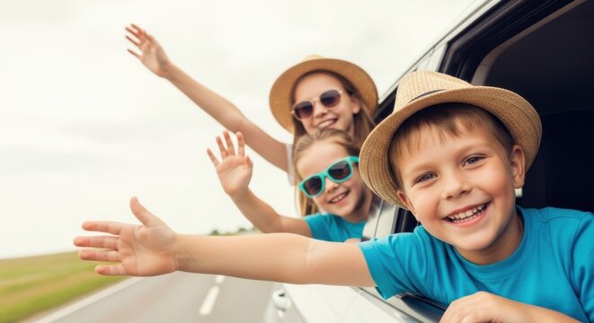 Happy children waving from car window during summer road trip