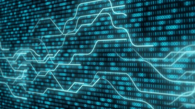 Digital binary code line circuit data transfer, fiber optic link light laser fast speed electron system network cyberspace, communication abstract futuristic graphic dynamic