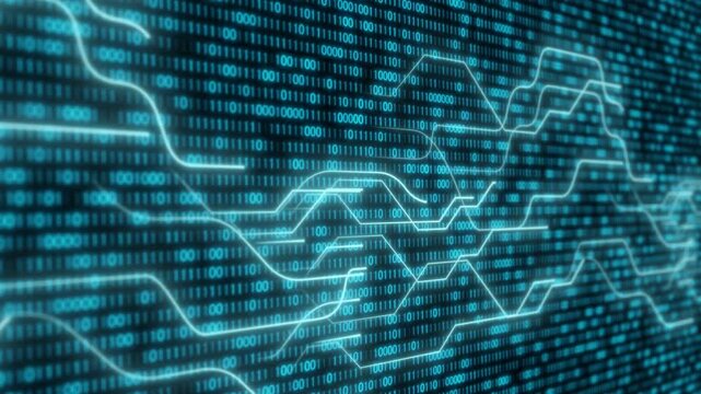 Digital binary code line circuit data transfer, fiber optic link light laser fast speed electron system network cyberspace, communication abstract futuristic graphic dynamic