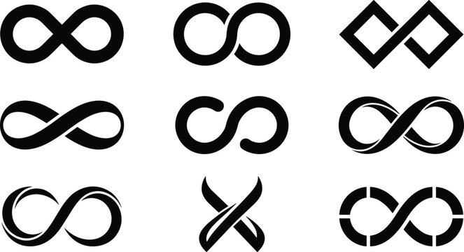 Black Infinity Loop Vector Icon Set Featuring Creative Geometric Lemniscate Symbols for Brand Identity, Technology Logos, Mathematics Concepts, and Graphic Designs