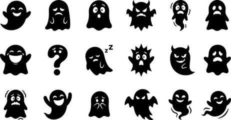 Obraz premium Halloween ghost silhouette bundle set collection on white background featuring various spooky cartoon spirits for festive seasonal graphic design