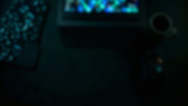 Defocused Dark AI Workplace Desk Background for Tech Website Hero