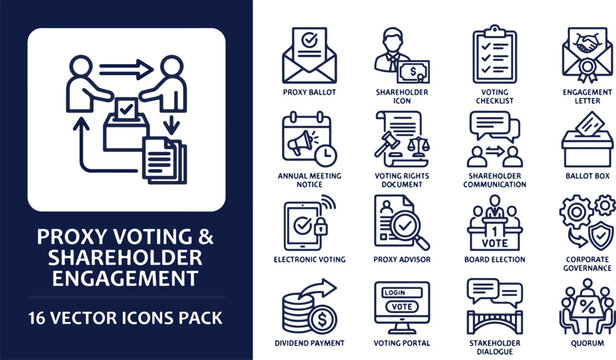 Corporate Proxy Voting and Shareholder Engagement Vector Icon Set for Business Meetings and Governance