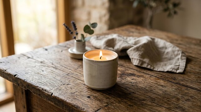 Lit ceramic candle on a rustic wooden table with lavender