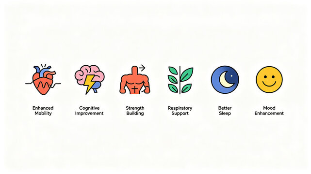 Human body function maintenance icon, optimizing limb activity, enhancing brain power, strengthening muscles, protecting breathing, improving sleep, and soothing daily emotional states
