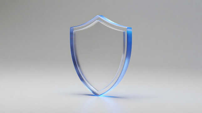 Minimalist 3D render of a translucent glass shield icon with blue glowing edges for cyber security.