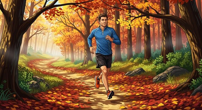 Man Runs in Fall Forest.
