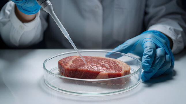 Lab-grown cultured meat steak inside a transparent petri dish under analysis in biotech laboratory.