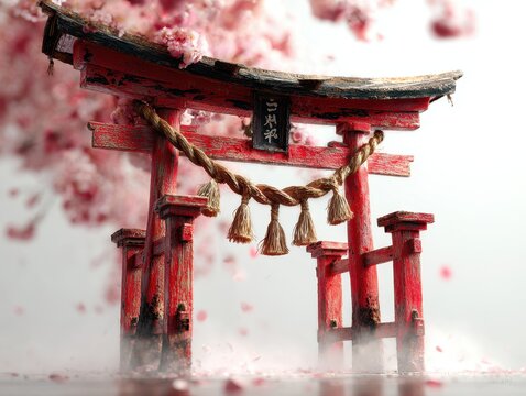 Traditional japanese torii gate with cherry blossoms