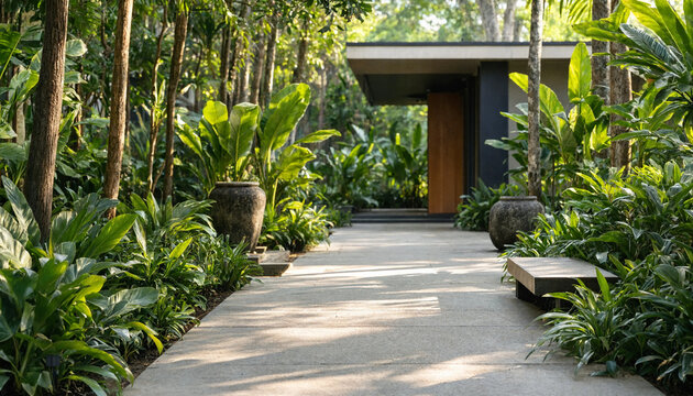 Concrete pathway leading to a modern building entrance surrounded by tropical foliage and decorative garden pots with building entrance tropical architecture landscape outdoors greenery