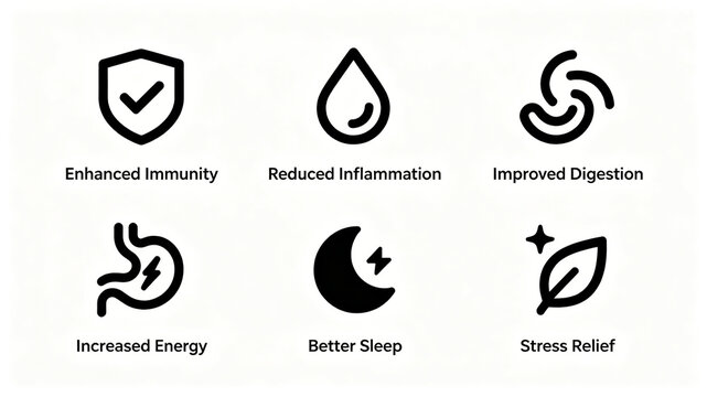 Unified layout of visceral conditioning efficacy icons, enhancing immunity, reducing inflammation, improving digestion, replenishing energy, improving sleep quality, and relieving mental stress
