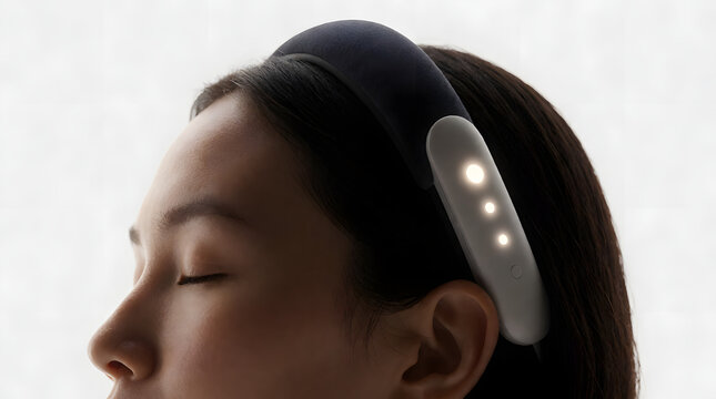 Close-up of a calm person wearing a futuristic smart headband for neurostimulation or sleep tracking.