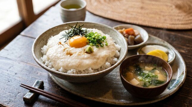 大皿に盛られたごはんにたっぷりのとろろが盛られている「超とろろだくだくごはん定食」のクローズアップポートレート
