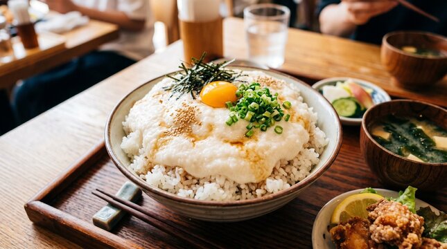 大皿に盛られたごはんにたっぷりのとろろが盛られている「超とろろだくだくごはん定食」のクローズアップポートレート