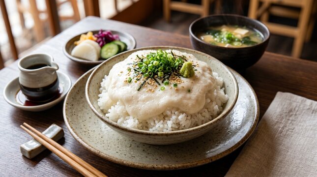 大皿に盛られたごはんにたっぷりのとろろが盛られている「超とろろだくだくごはん定食」のクローズアップポートレート