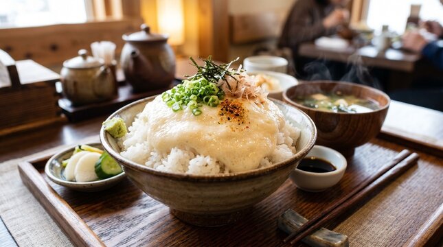 大皿に盛られたごはんにたっぷりのとろろが盛られている「超とろろだくだくごはん定食」のクローズアップポートレート