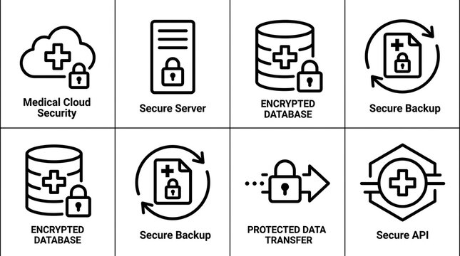 Healthcare Data Security and Medical Privacy Icon Set