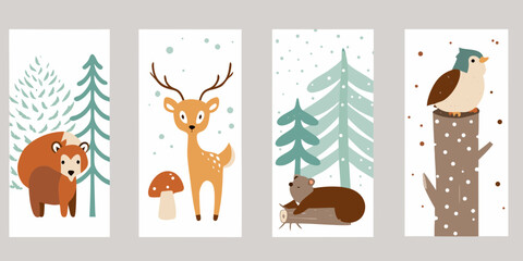 Woodland Animals And Evergreen Trees Flat Vector Illustration Series © Nova