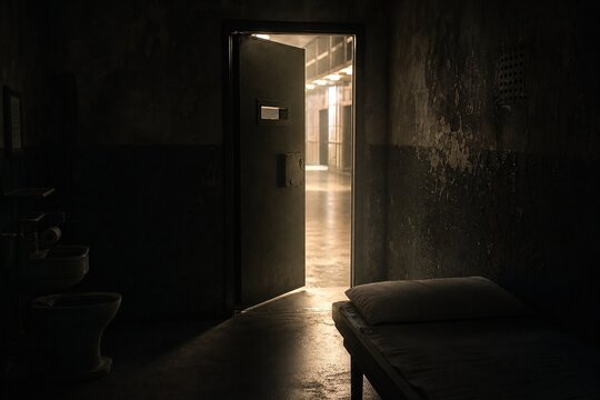 Open prison cell door with light streaming into the dark interior.