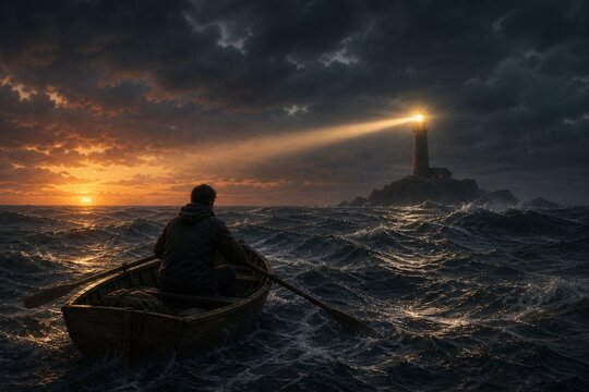 A small wooden rowboat on a stormy sea heading towards a distant lighthouse beam at dusk.