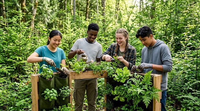Diverse teenagers planting a vertical garden in a sunny forest setting